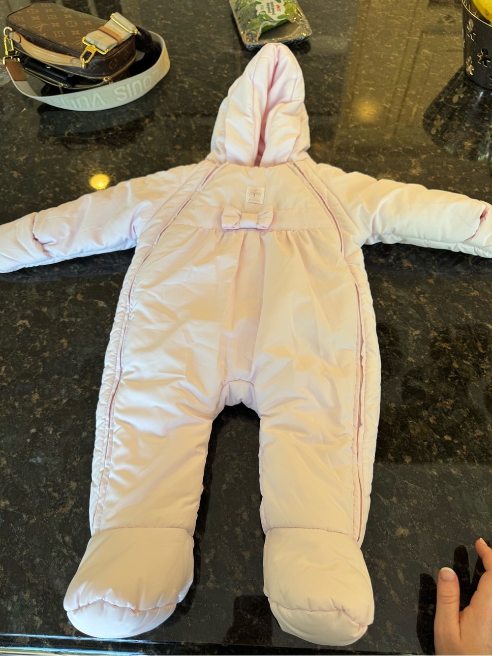 Jacadi Light Pink Quilted Baby Snowsuit with Hood